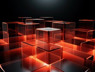 Coral glass cube abstract 3d render, on black background with copy space minimalism design for text or photo backdrop