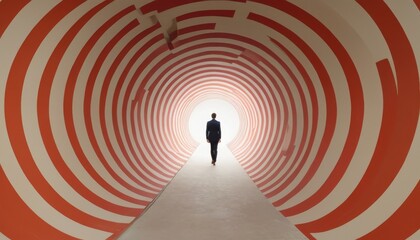 A lone figure stands at the end of a striking red and white striped optical illusion corridor, suggesting concepts of choice and perspective