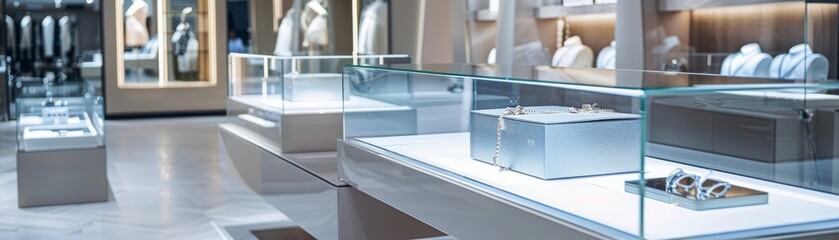 Elegant glass pedestal, soft backlight, luxury boutique setting, exclusive product showcase no dust