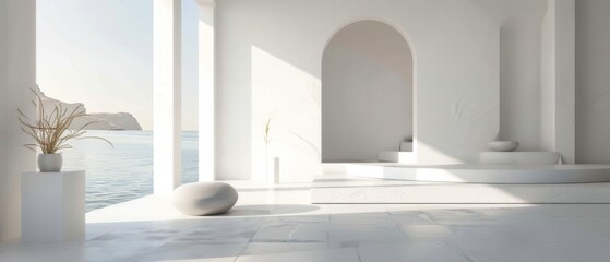 Minimalist interior of an apartment near the sea, sea view, minimalist architecture style