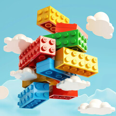 Fototapeta premium Flying Lego bricks are on the sky background..