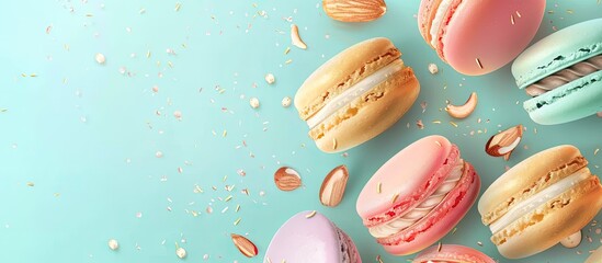 A variety of macarons, representing different flavors and colors, are displayed on a vibrant blue background. The circular shape of the macarons adds an artistic touch to the event - obrazy, fototapety, plakaty