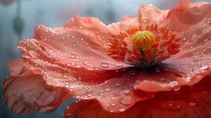   A close-up image of a flower with water droplets on its petals and the flower's center