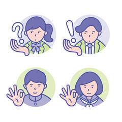 考える、ひらめく、OKポーズをした男女の学生の丸いアイコン【セット】