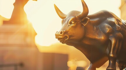 Bull statue with rising stock charts, golden hour light, side angle, symbol of growth no splash - obrazy, fototapety, plakaty