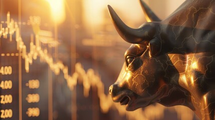 Bull statue with rising stock charts, golden hour light, side angle, symbol of growth no splash - obrazy, fototapety, plakaty