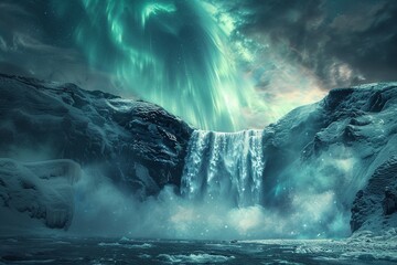 Photorealistic image of a frozen waterfall, vibrant aurora in background, unique view ,3DCG,high resulution,clean sharp focus - obrazy, fototapety, plakaty