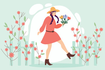 A girl with spring flowers in hands. Vector spring frame.