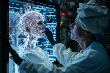 A doctor analyzes a digital X-ray on a touchscreen interface