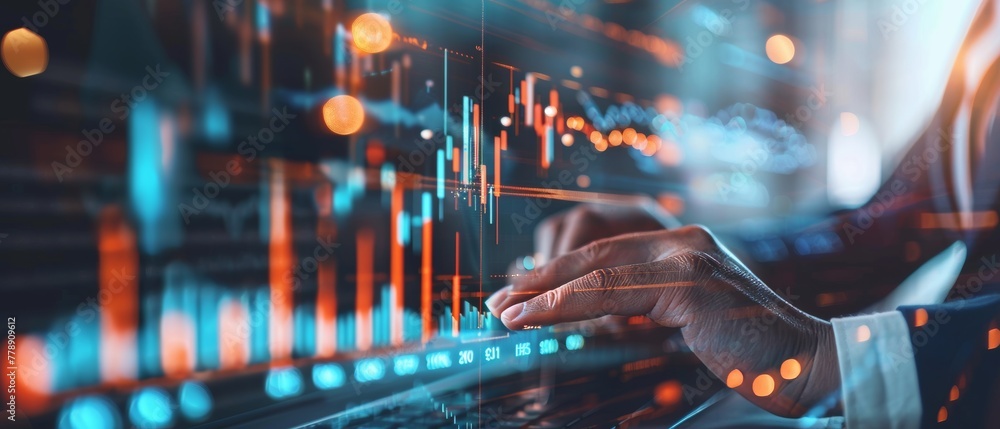 Poster businessman calculating long-term investment data using digital augmented reality graphics to analyz