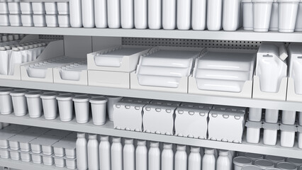 Retail shelves mockup with blank stand-up pouches, flow packes, boxes close up. 3d illustration