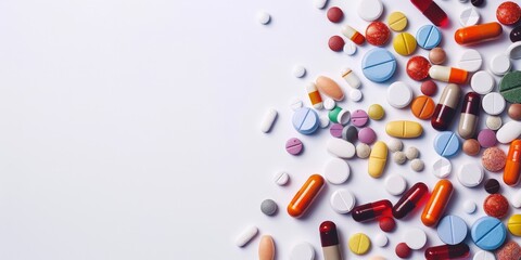 Expansive array of pills and capsules, a pharmaceutical showcase on white background.