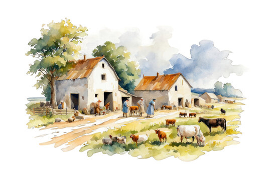 A bustling farmyard scene with animals grazing, farmers working, countryside village scene, watercolor painting, clipart, vintage