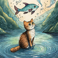 A cat watching a fish