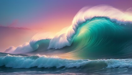 A breathtaking digital painting of a giant wave cresting with a pastel sunset backdrop, evoking the power and beauty of the sea