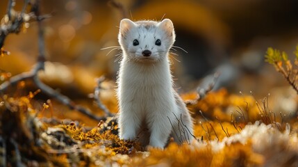   A photo of a little creature amidst long blades of grass, surrounded by soil and a nearby tree