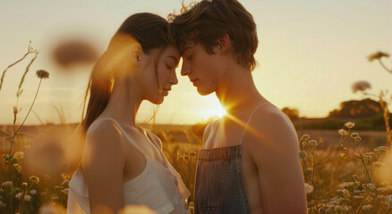 A young couple in love, faces close together as the sun sets behind them, their eyes locked with each other's while they gaze into one another’s soulful and gentle smiles, surrounded by wildflowers
