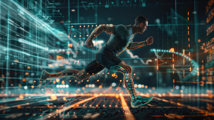 A digital human figure in athletic wear running on an indoor track, with data visualizations of various health and fitness charts behind it.