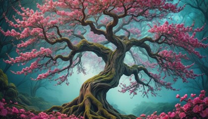 An ethereal cherry blossom tree with twisting trunk in a dreamlike forest evokes a sense of magical wonder