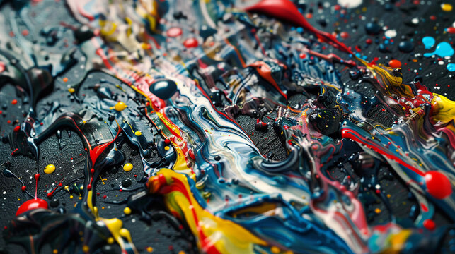 AI as an abstract painter, splattered colors, studio backdrop, close view, dramatic lighting, artistic chaos