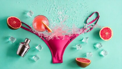 Pink bikini with ice cubes, bar shaker, half sliced grapefruits and a cup of fresh juice with splash on a turquoise blue background.