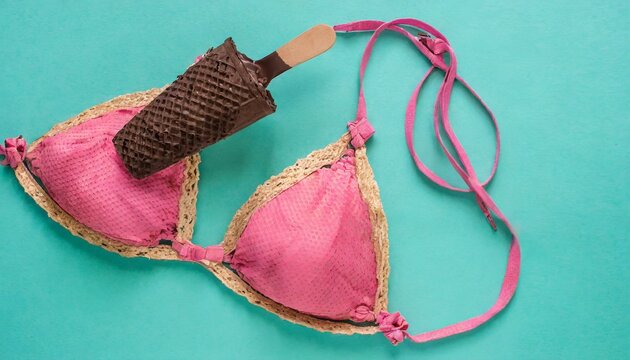 A pink bra with one chocolate ice cream on a turquoise blue background. A background image  containing elements of summer vacation or holiday.