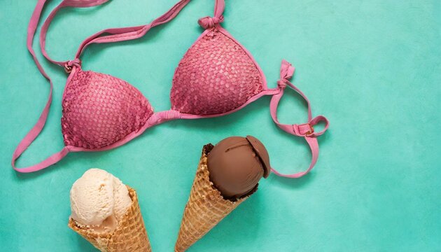 A pink bra with two wafer ice creams on a blue background. A background image suggesting summer vacation. An image containing paired elements.