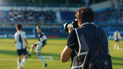 A sports photographer with large telephoto lenses, capturing action shots of players in mid-motion