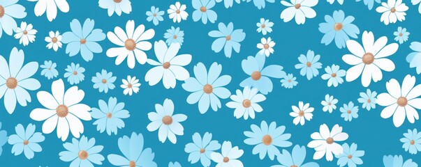 Cyan and white daisy pattern, hand draw, simple line, flower floral spring summer background design with copy space for text or photo backdrop