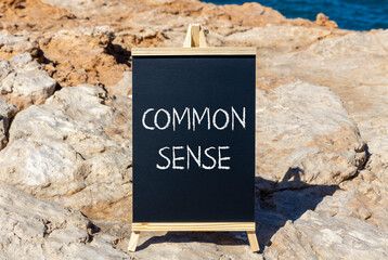 Common sense symbol. Concept words Common sense on beautiful black chalk blackboard. Beautiful stone sea blue background. Business, motivational common sense concept. Copy space.