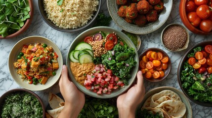   A person holds a bowl of food before a table filled with diverse vegetables and other dishes