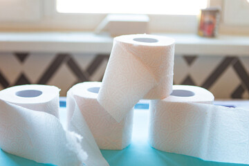 Toilet paper rolls on the table. Quarantine 2020 concept