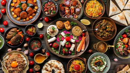 Traditional Iranian halal dishes and desserts for the festive table in Ramadan Karim Iftar.  Ramadan  traditional Iranian desserts concept. - obrazy, fototapety, plakaty