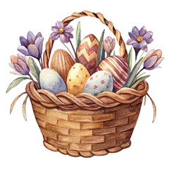 Watercolor wicker basket with eggs and spring flowers in vintage style, isolated on white background