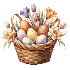 Watercolor wicker basket with eggs and spring flowers in vintage style, isolated on white background
