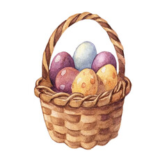 Watercolor wicker basket with eggs in vintage style on white background