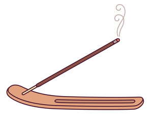Burning joss stick in wooden incense holder drawing