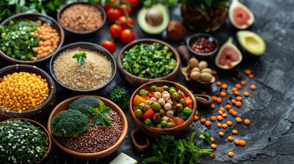   A bowl-topped table filled with diverse foods alongside broccoli and veggies