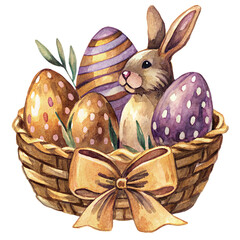 watercolor wicker basket with Easter eggs, spring flowers, bunny, rabbit isolated on white background