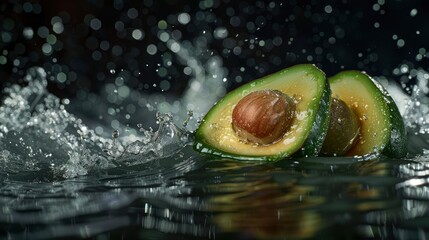 3 avocados, one of them is cut in half and floating on the water surface with splashes. Dark background with high speed photography
