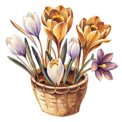 Watercolor set of spring flowers, tulips, daffodils in the basket, in vintage style,