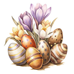 Set of watercolor Easter eggs with spring flowers in vintage style