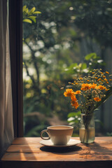 Serene Morning Coffee and Fresh Flowers by the Window