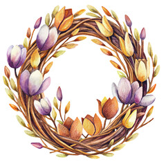 watercolor round text frame made of vines and Easter willow, spring flowers, isolated on white background