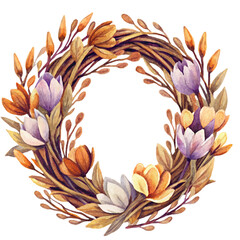 watercolor round text frame made of vines and Easter willow, spring flowers, isolated on white background