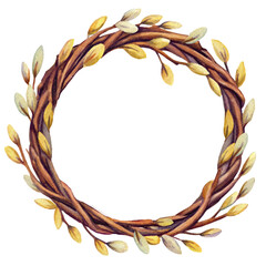 watercolor circular text frame made of vines and Easter vervain, isolated on white background