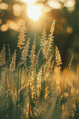 Golden Hour Light Shining Through Wild Grass