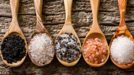 Assorted Sea Salts in Wooden Spoons on a Rustic Tabletop