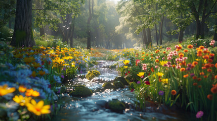 Nature Landscape, A tranquil forest glade with wildflowers and a clear stream