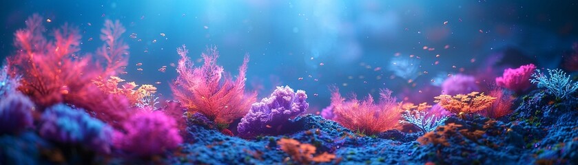 Neon coral reef under the sea, glowing light effects on a dark background, photorealistic ,3DCG,high resulution,clean sharp focus - obrazy, fototapety, plakaty